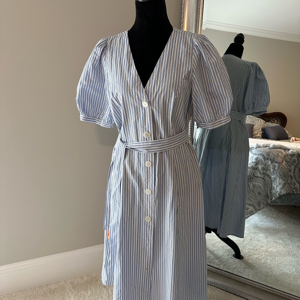 Tommy Hilfiger White Wrap Midi Dress with Puff Sleeves